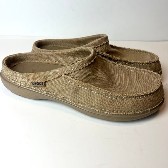 Crocs Men's Santa Cruz Canvas Slip-On Mules Boat Shoes in Khaki Size 9 - Picture 1 of 11